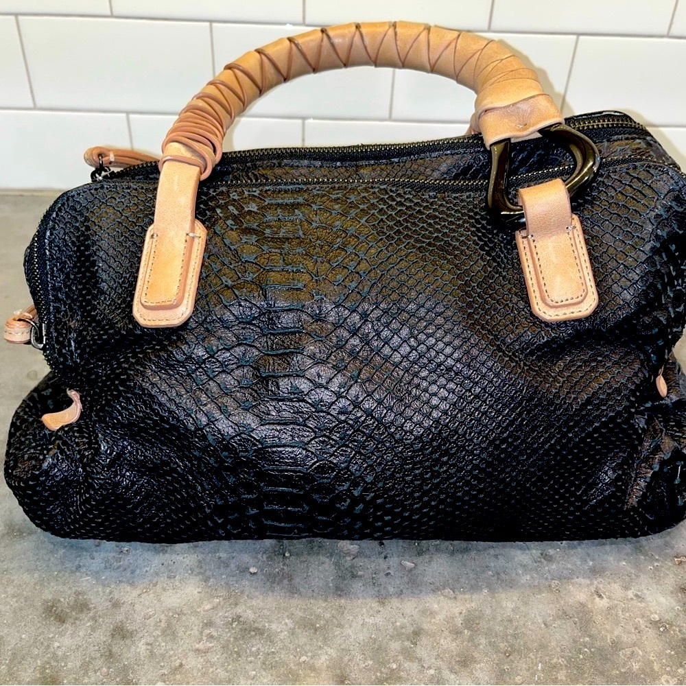 Halston Heritage Tan and Black Hobo Bag with Braided Handle